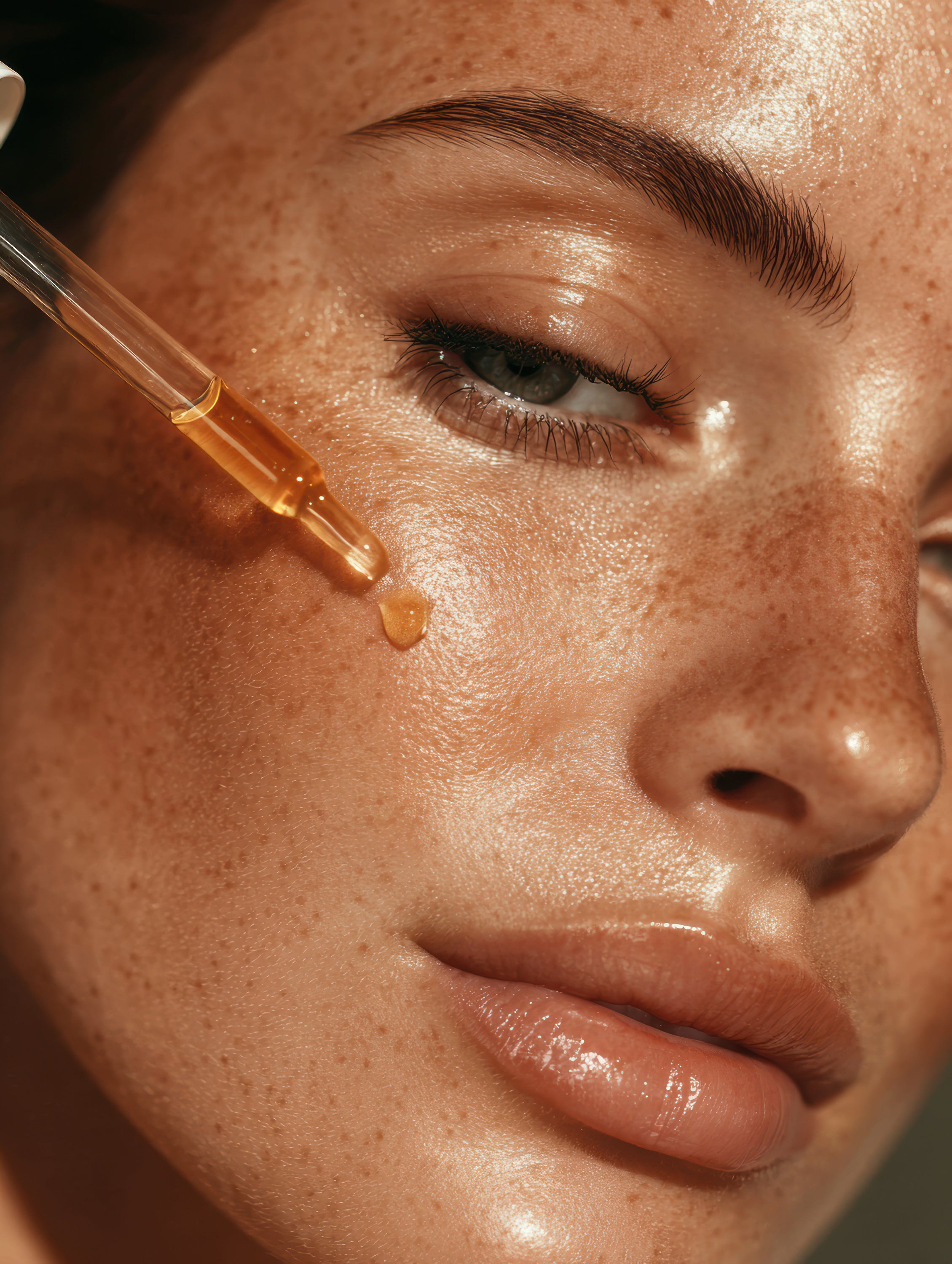 Close-up of a woman's face with a dropper applying a liquid to her skin.
