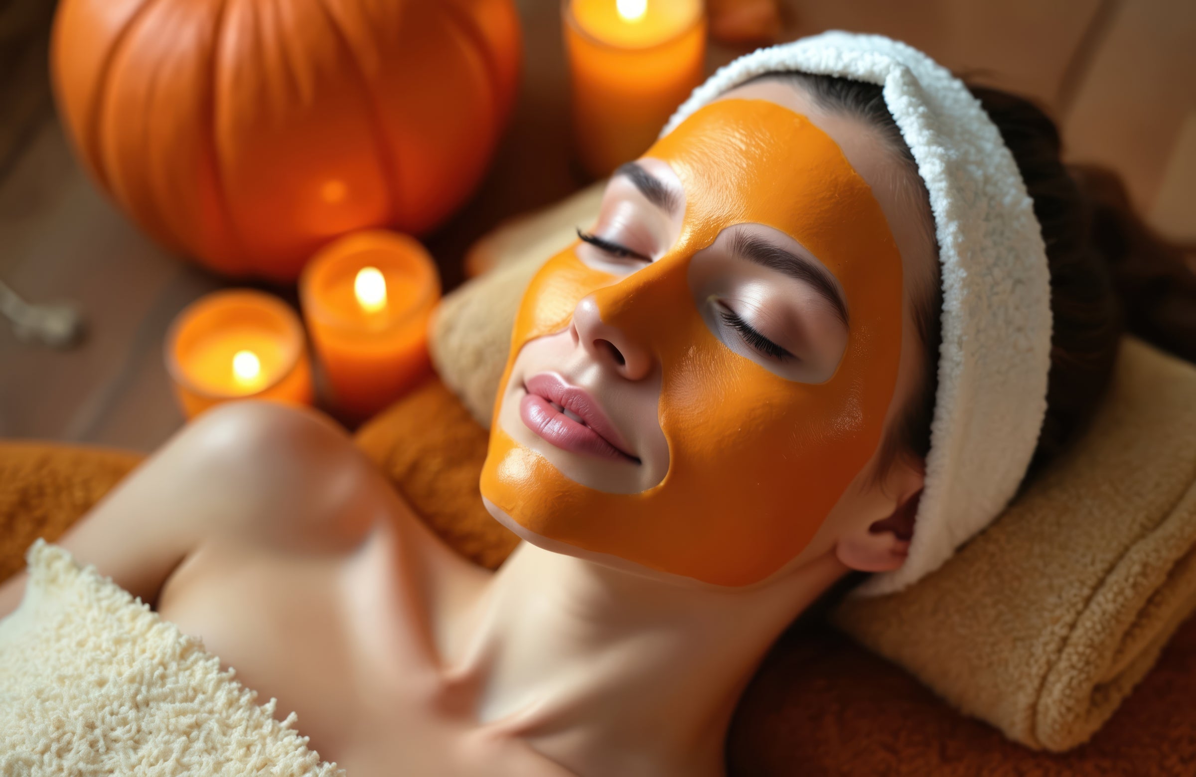 Woman receiving pumpkin facial treatment with candles and pumpkins in the background